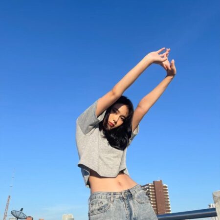 Female model with Oversized Crop Top Grey Top Dye T-shirt.