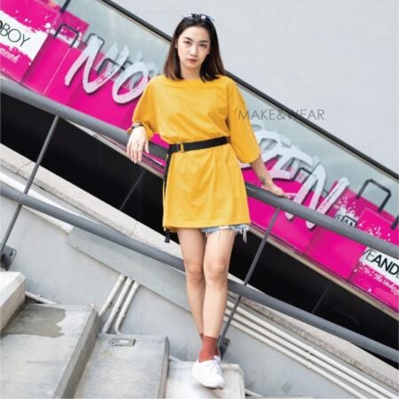 Women model with Oversized Mustard T-shirt.