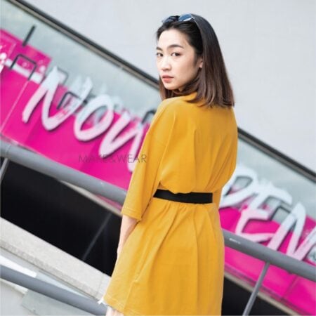 Women model with Oversized Mustard T-shirt.