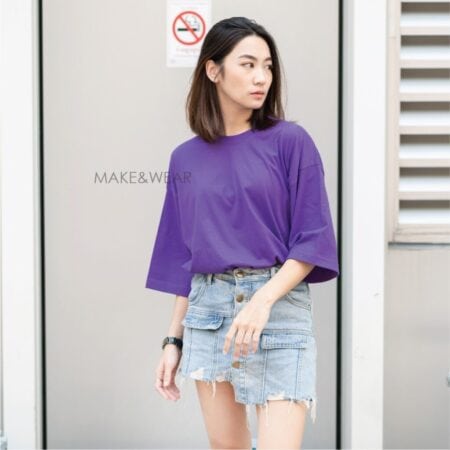 Women model with Oversized Purple T-shirt.
