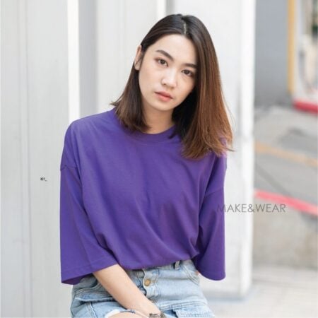 Women model with Oversized Purple T-shirt.
