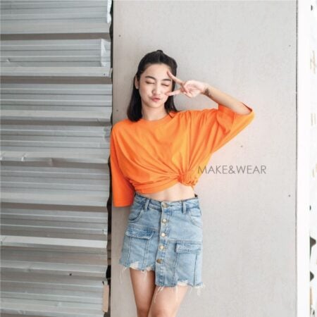 Women model with Oversized Pimpkin Orange T-shirt.