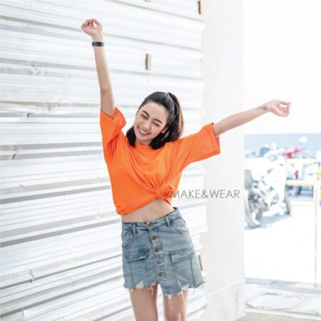 Women model with Oversized Pimpkin Orange T-shirt.