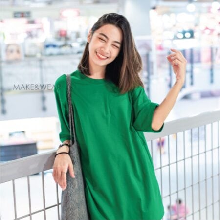 Women model with Oversized Green T-shirt.