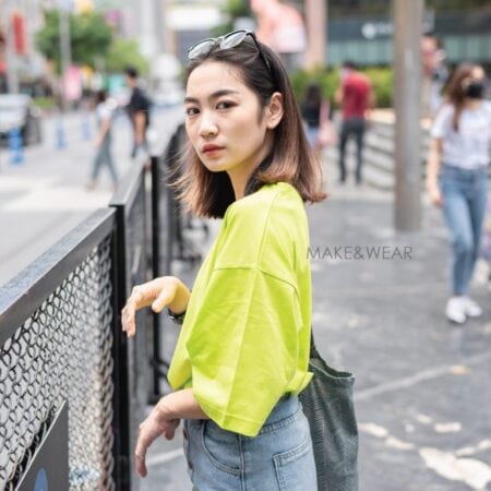 Women model with Oversized Lime T-shirt.