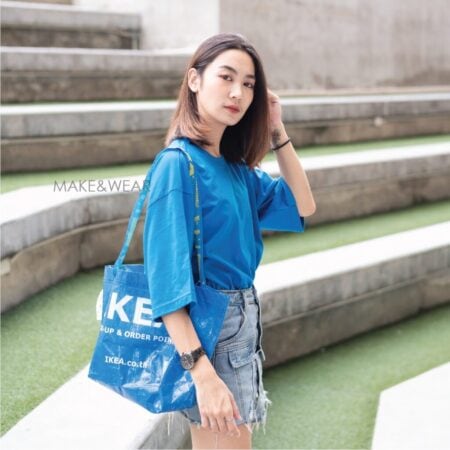 Women model with Oversized Blue T-shirt.