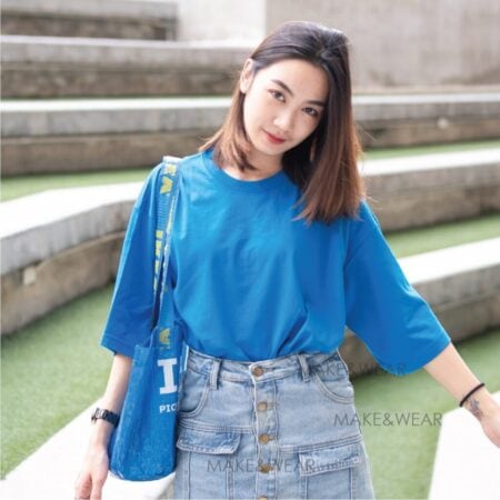 Women model with Oversized Blue T-shirt.