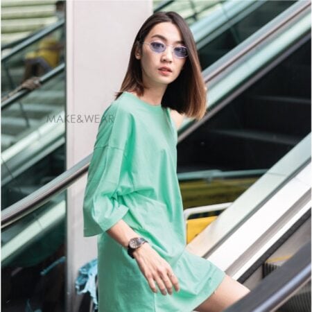 Women model with Oversized Aqua T-shirt.