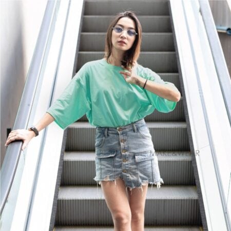 Women model with Oversized Aqua T-shirt.