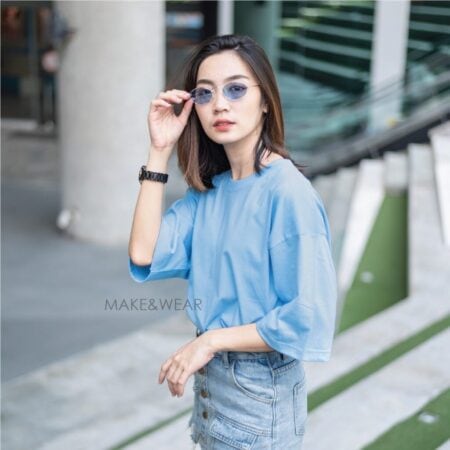 Women model with Oversized Pastel Blue T-shirt.