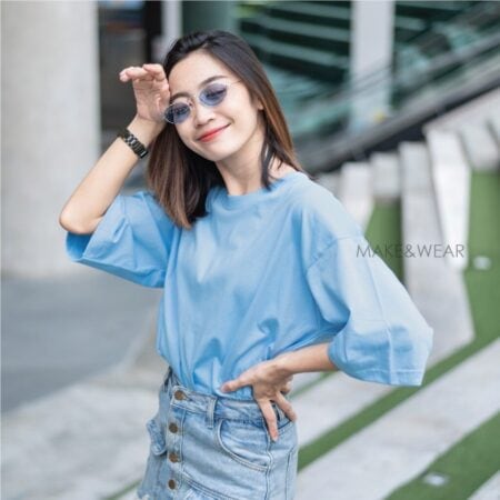 Women model with Oversized Pastel Blue T-shirt.