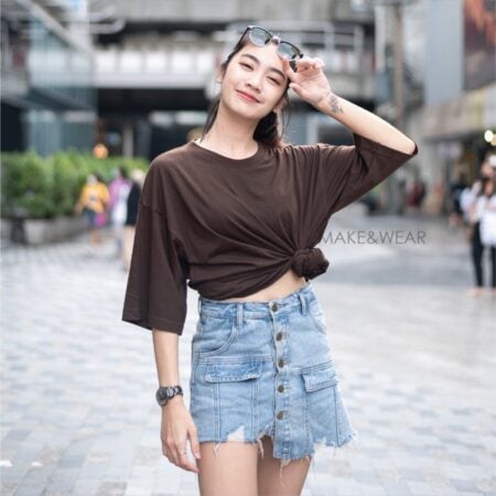 Female model with Oversized Dark Chocolate T-shirt.