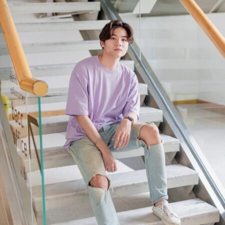 Men model with Oversized Pastel Purple T-shirt.