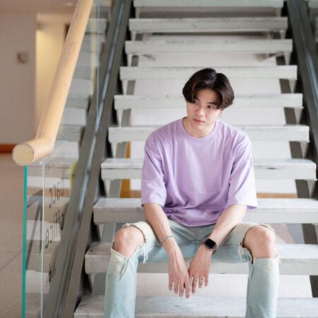 Men model with Oversized Pastel Purple T-shirt.