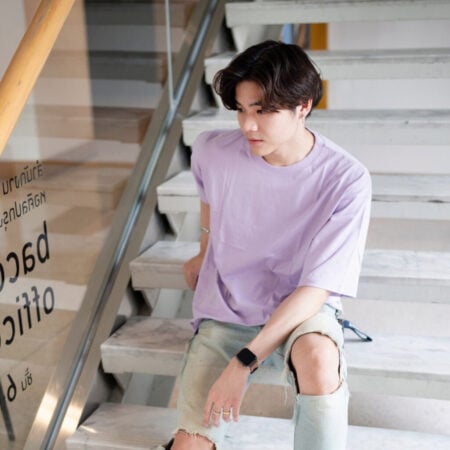 Men model with Oversized Pastel Purple T-shirt.