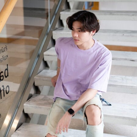 Men model with Oversized Pastel Purple T-shirt.