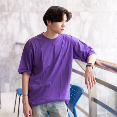 Men model with Oversized Purple T-shirt.