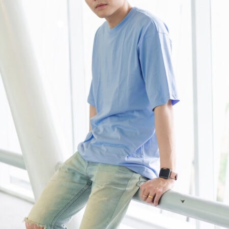 Men model with Oversized Pastel Blue T-shirt.