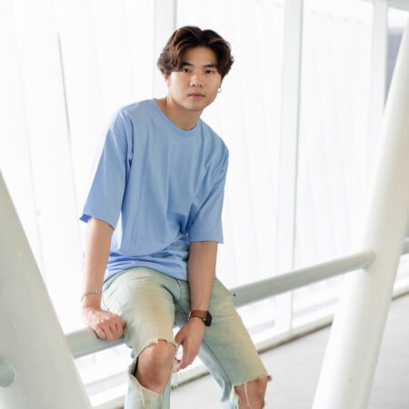 Men model with Oversized Pastel Blue T-shirt.