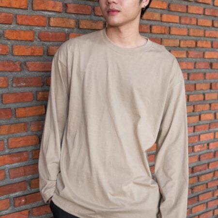 Male model with Oversized Long Sleeves Beige T-shirt.