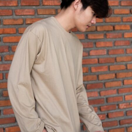 Male model with Oversized Long Sleeves Beige T-shirt.