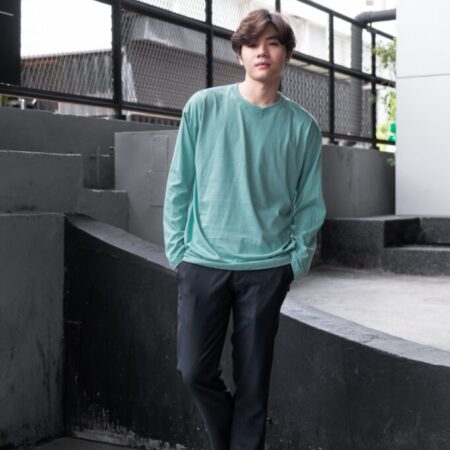 Male model with Oversized Long Sleeves Pastel Green T-shirt.