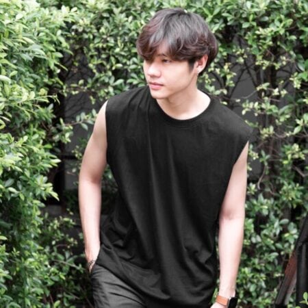 Male model with Oversized Tank Top Black T-shirt.