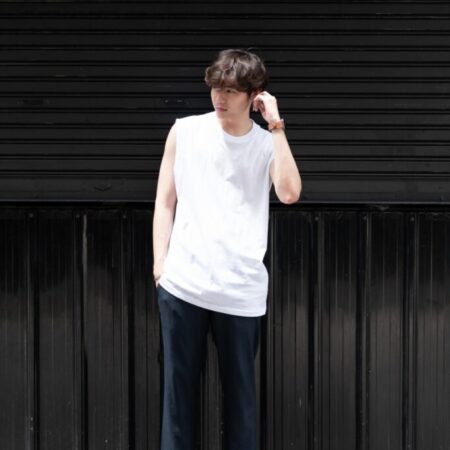 Male model with Oversized Tank Top White T-shirt.