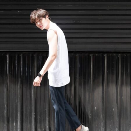 Male model with Oversized Tank Top White T-shirt.