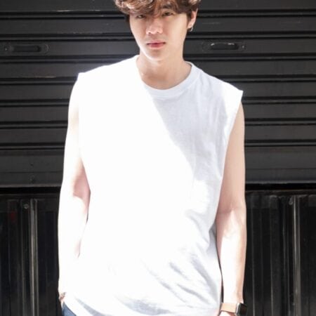 Male model with Oversized Tank Top White T-shirt.