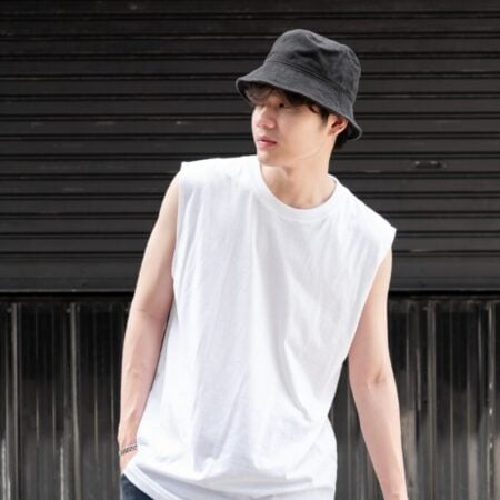 Male model with Oversized Tank Top White T-shirt.