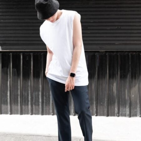 Male model with Oversized Tank Top White T-shirt.