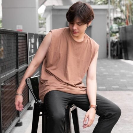 Male model with Oversized Tank Top Light Chocolate T-shirt.