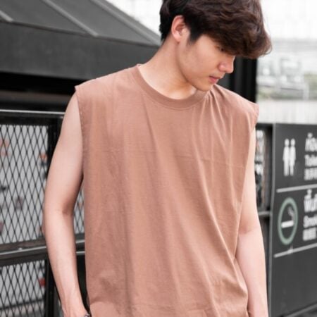 Male model with Oversized Tank Top Light Chocolate T-shirt.
