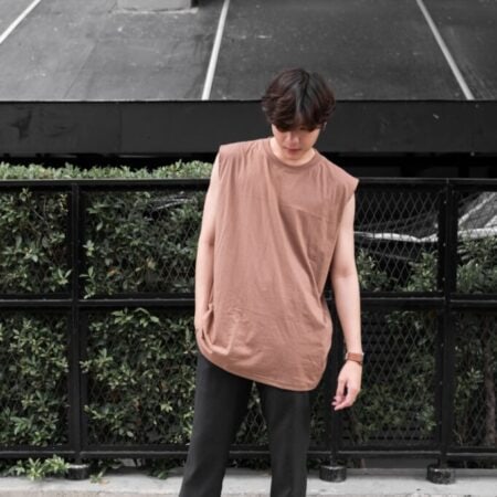 Male model with Oversized Tank Top Light Chocolate T-shirt.