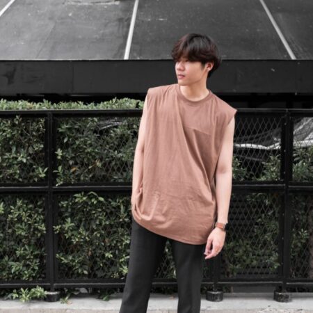 Male model with Oversized Tank Top Light Chocolate T-shirt.