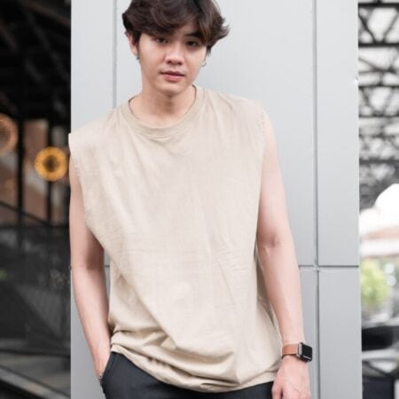 Male model with Oversized Tank Top Beige T-shirt.