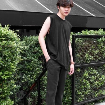 Male model with Oversized Tank Top Black T-shirt.