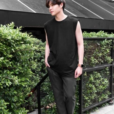 Male model with Oversized Tank Top Black T-shirt.