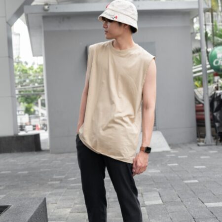 Male model with Oversized Tank Top Beige T-shirt.