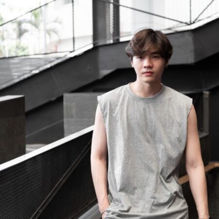 Male model with Oversized Tank Top Grey Top Dye T-shirt.