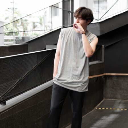Male model with Oversized Tank Top Grey Top Dye T-shirt.