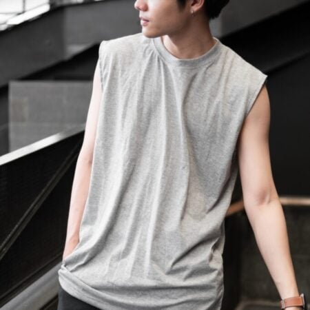 Male model with Oversized Tank Top Grey Top Dye T-shirt.