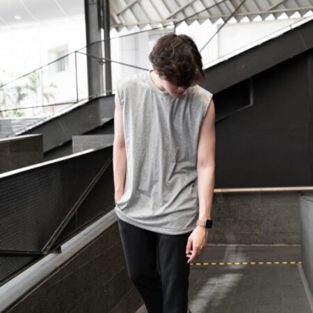 Male model with Oversized Tank Top Grey Top Dye T-shirt.