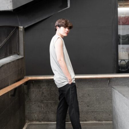 Male model with Oversized Tank Top Grey Top Dye T-shirt.