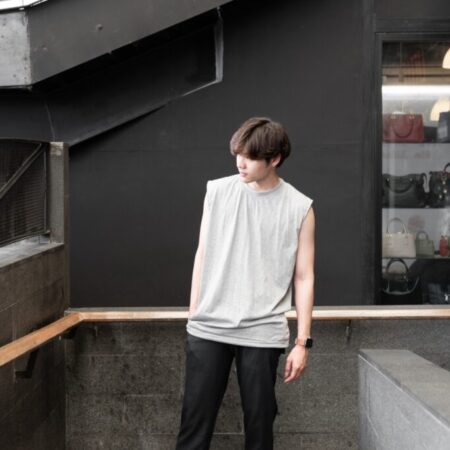 Male model with Oversized Tank Top Grey Top Dye T-shirt.