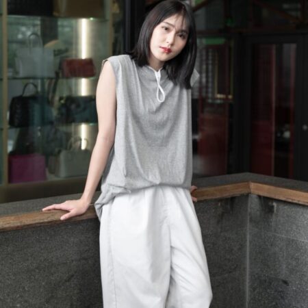 Female model with Oversized Tank Top Grey Top Dye T-shirt.