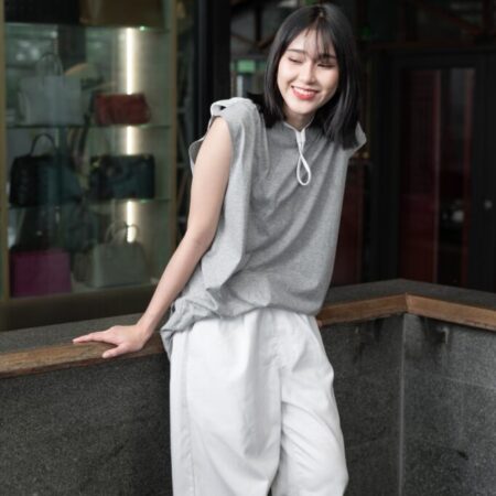 Female model with Oversized Tank Top Grey Top Dye T-shirt.