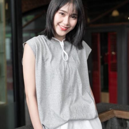 Female model with Oversized Tank Top Grey Top Dye T-shirt.