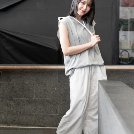 Female model with Oversized Tank Top Grey Top Dye T-shirt.